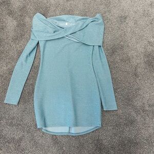Lucy in the Sky Shimmering Teal Off-Shoulder Sweater